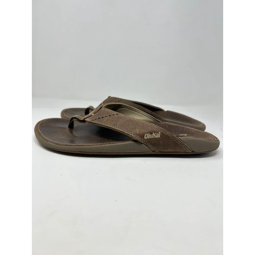 OluKai Men's Nui Brown Leather Flip Flop Sandals Men’s Size 10